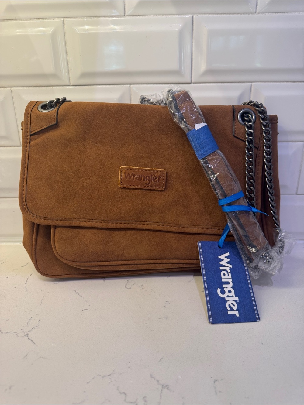 Wrangler Brown Suede Flap Crossbody Bag with Chain Strap